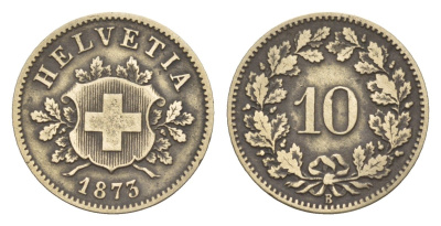 Швейцария 10 раппенов 1873 B, редкий год KM 6 серебро 1518-825