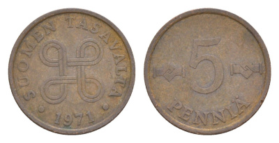 Финляндия 5 пенни 1971 KM 45 медь 4647-262