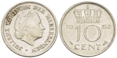 НИДЕРЛАНДЫ 10 ЦЕНТОВ 1962 ЮЛИАНА (1948-1980) KM 182 никель 214-1161