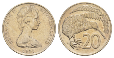 Новая Зеландия 20 центов 1974 Елизавета II (1952-2022), птичка киви KM 36 медно-никель 93-922