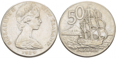 Новая Зеландия 50 центов 1979 Елизавета II (1952-2022), парусник Индевор KM 37.1 медно-никель 215-212