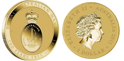 Австралия 1 доллар 2011 100 лет австралийскому морскому флоту, ВМФ KM 1602 алюминиевая бронза UNC M40-07