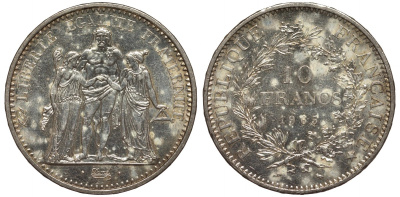 Франция 10 франков 1965 А, Геракл с богинями равенства и братства KM 932 серебро 1524-1335