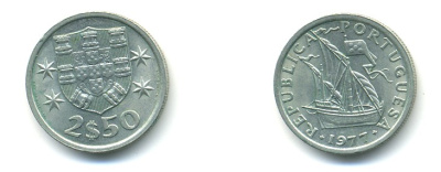 ПОРТУГАЛИЯ 2,5 ЭСКУДО 1977 ПАРУСНИК KM 590 медно-никель 80-423