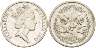 АВСТРАЛИЯ 5 ЦЕНТОВ 1990 ЕЛИЗАВЕТА II, ВТОРОЙ ПОРТРЕТ В КОРОНЕ, ЕХИДНА KM 80 медно-никель 4516-669