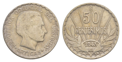 Уругвай 50 сентесимо 1943 Хосе Хервасио Артигас, год-тип KM 31 серебро 4654-927