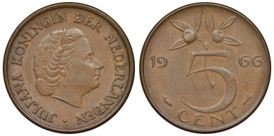 Нидерланды 5 центов 1966 Юлиана KM 181 бронза 71-121