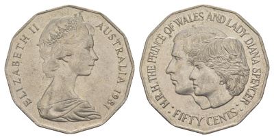 Австралия 50 центов 1981 Свадьба Принца Чарльза и Леди Дианы KM 72 медно-никель UNC 81-735