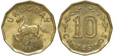 Уругвай 10 сентесимо 1981 KM 66 алюминиевая бронза 4169-536