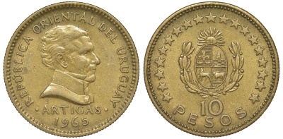 Уругвай 10 песо 1965 KM 48 алюминиевая бронза 69-916