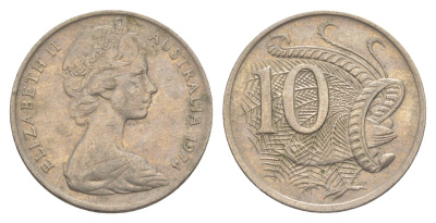 Австралия 10 центов 1974 Елизавета II (1952-2022), птица лирахвост KM 65 медно-никель 4364-241