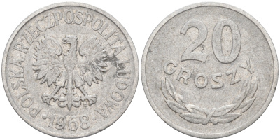 ПОЛЬША 20 ГРОШЕЙ 1968 MW KM A47 алюминий VF 188-329