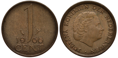 НИДЕРЛАНДЫ 1 ЦЕНТ 1966 KM 180 бронза VG 4181-227