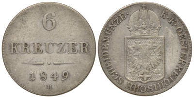 Австрия 6 крейцеров 1849 B, Франц Иосиф I (1848-1916) KM 2200 серебро 413-5215