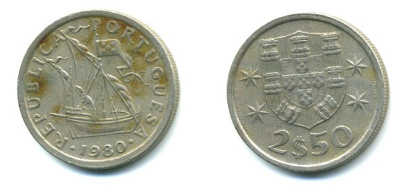 Португалия 2,5 эскудо 1980 парусник KM 590 медно-никель 23-816