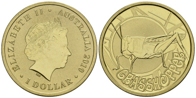 Австралия 1 доллар 2010 серия насекомые, кузнечик KM 1445 алюминиевая бронза UNC M42-13