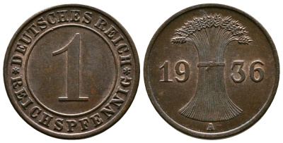 Германия 1 рейхспфенниг 1936 A KM 37, J. 313 бронза 220-145