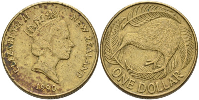 Новая Зеландия 1 доллар 1990 Елизавета II (1952-2022), птица киви KM 78 алюминиевая бронза 29-511