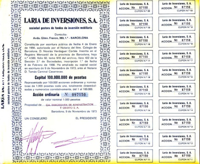 ИСПАНИЯ АЦИЯ НА 1000 ПЕСЕТ 1973 LARIA DE INVERSIONES, S.A., БАРСЕЛОНА 1973, С КУПОНАМИ бумага 5544-34