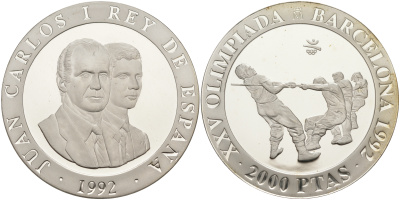 Испания 2000 песет 1992 XXV летние Олимпийские игры 1992 года в Барселоне, перетягивание каната KM 911 серебро PROOF 1091-9-24