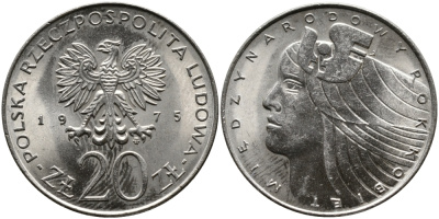 Польша 20 злотых 1975 MW, Международный год женщины KM 75, Parchimowicz 248 медно-никель UNC 441-841
