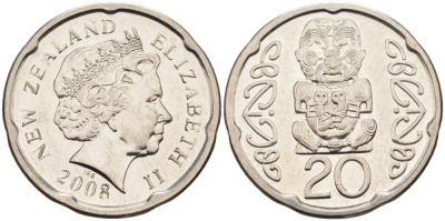 Новая Зеландия 20 центов 2008 Елизавета II (1952-2022), идол Пукаки KM 118а никелированная сталь 4579-1237