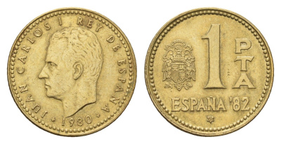 Испания 1 песета 1980 (82) чемпионат мира по футболу в Испании 1982 года, Хуан Карлос I (1975-2014) KM 816 алюминиевая бронза 187-1031