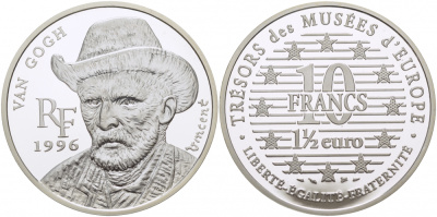 Франция 10 франков = 1 1/2 евро 1996 серия сокровища музеев Европы, Винсент Ван Гог KM 1147 серебро PROOF 1077-9-42