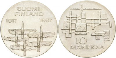 Финляндия 10 марок 1967 S-H, 50 лет независимости (1917-1967) KM 50 серебро UNC 1521-1142
