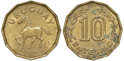 Уругвай 10 сентесимо 1976 KM 66 алюминиевая бронза 4164-749