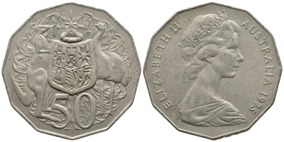 Австралия 50 центов 1975 Елизавета II (1952-2022), герб Австралии, кенгуру KM 68 медно-никель 25-625