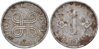 ФИНЛЯНДИЯ 1 МАРКА 1953 KM 38 железо 192-1169