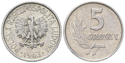 Польша 5 грошей 1963 MW Y A46 алюминий UNC 4618-258