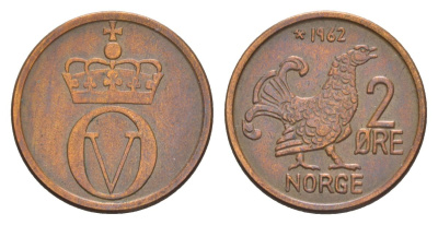 Норвегия 2 эре 1962 Улаф V (1957-1991) KM 410 бронза 4635-337