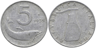 ИТАЛИЯ 5 ЛИР 1955 R, РУЛЬ, ДЕЛЬФИН KM 92 алюминий 89-1536