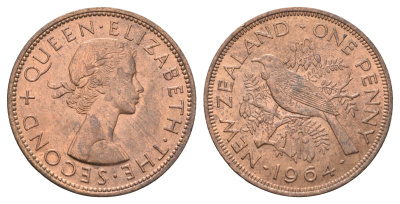 Новая Зеландия 1 пенни 1964 Елизавета II (1952-2022), новозеландский туи KM 24.2 бронза aUNC 4403-733