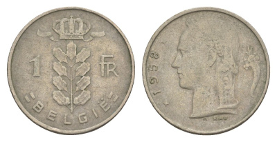 Бельгия 1 франк 1958 Belgie, Бодуэн I (1951-1993) KM 143 медно-никель 4632-553