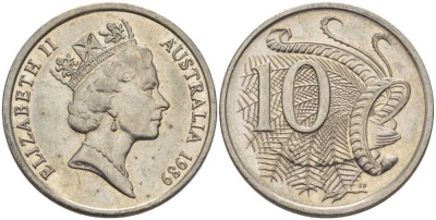 АВСТРАЛИЯ 10 ЦЕНТОВ 1989 ЕЛИЗАВЕТА II, ВТОРОЙ ПОРТРЕТ В КОРОНЕ, ПТИЦА ЛИРАХВОСТ KM 81 медно-никель 4395-735