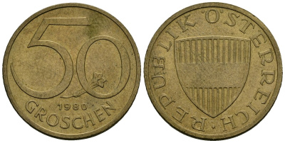 Австрия 50 грошей 1980 KM 2885 алюминиевая бронза 4136-753