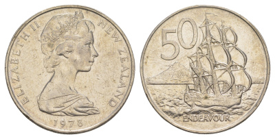 Новая Зеландия 50 центов 1978 Елизавета II (1952-2022), парусник Индевор KM 37 медно-никель 189-332