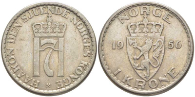 Норвегия 1 крона 1956 Хокон VII (1905-1957) KM 397 медно-никель 119-943