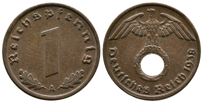 Германия 1 рейхспфенниг 1938 A KM 89, J. 361 бронза    220-244
