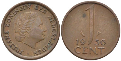 НИДЕРЛАНДЫ 1 ЦЕНТ 1956 ЮЛИАНА KM 180 бронза 206-1026