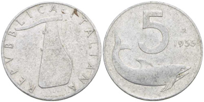 ИТАЛИЯ 5 ЛИР 1955 R, РУЛЬ, ДЕЛЬФИН KM 92 алюминий 175-124