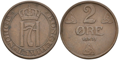 Норвегия 2 эре 1931 Хокон VII (1905-1957) KM 371 бронза 4591-935