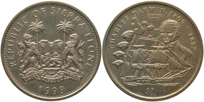 Сьерра-Леоне 1 доллар 1999 Чарльз Дарвин KM 115 медно-никель BU 4368-1024