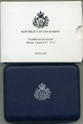 Сан-Марино набор 5 и 10 евро 2003 Олимпийские игры в Афинах 2004, виды спорта, в оригинальной коробке, с сертификатом KM 453, 454 серебро PROOF 7-1-64
