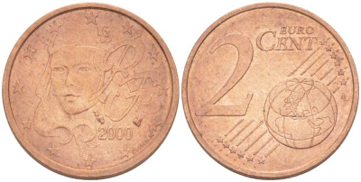 Франция 2 евроцента 2000 KM 1283 сталь плакированная медью 218-133