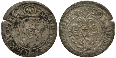 Рига 1 шиллинг (шеляг) 1582 Стефан Баторий (1576-1586), вес 0,89 гр. серебро 1516-1542