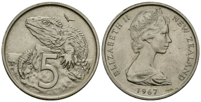 Новая Зеландия 5 центов 1967 Елизавета II (1952-2022), ящерица гаттерия KM 34 медно-никель 4166-515